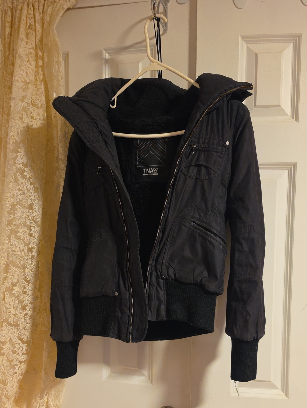 TNA Black Hooded Bomber Jacket with Ribbed Hem